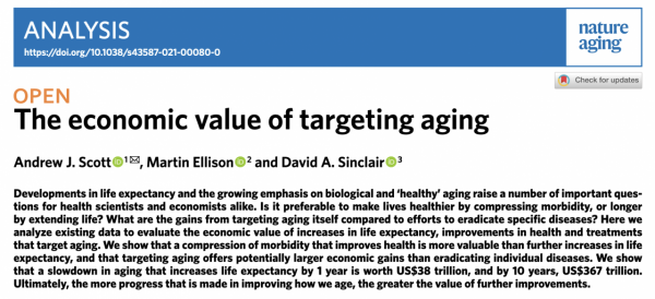 老齡化社會到來，治療單一疾病vs老齡化治療，哪種社會經濟效益大