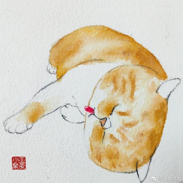 手繪水彩寫意大臉貓