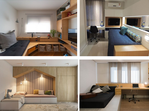 臥室定製“一體式”床鋪，與床頭櫃、電視牆結合，功能多於需求