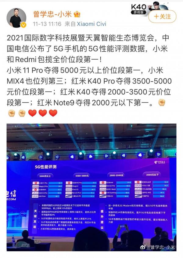 小米曾學忠：中國電信公佈5G手機5G效能評測資料，小米和Redmi包攬全價位段第一