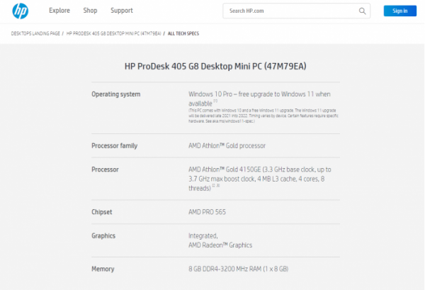 傳惠普ProDesk 405 G8迷你PC搭載AMD速龍4150GE處理器