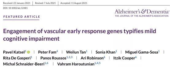 Alzheimer‘s &amp; Dementia：血管早期反應基因參與是認知障礙特徵