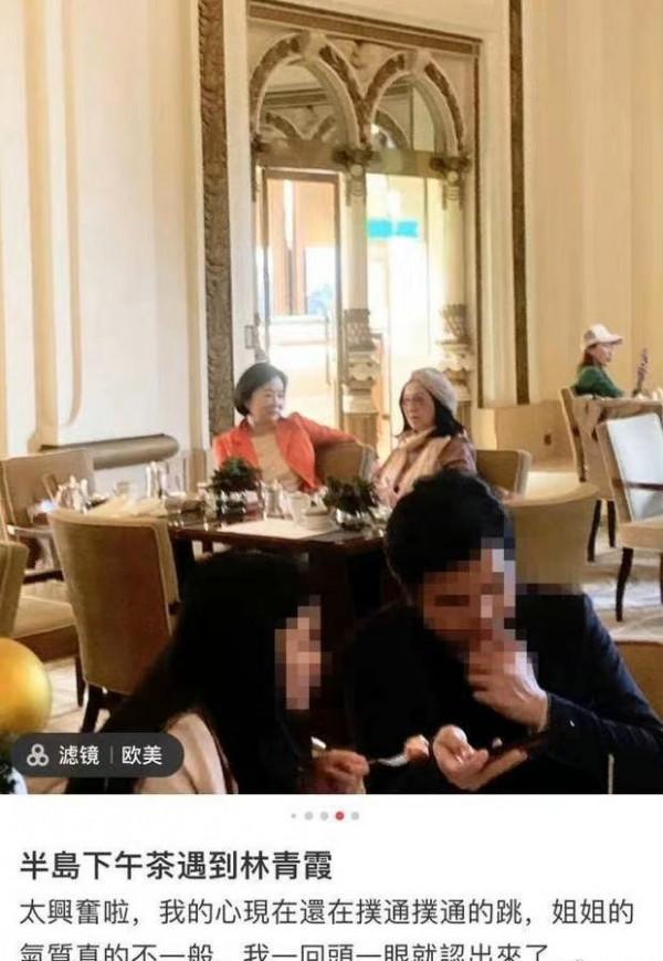 林青霞私下約會被偶遇，穿紅衣素顏白到發光，“大佬”坐姿太霸道