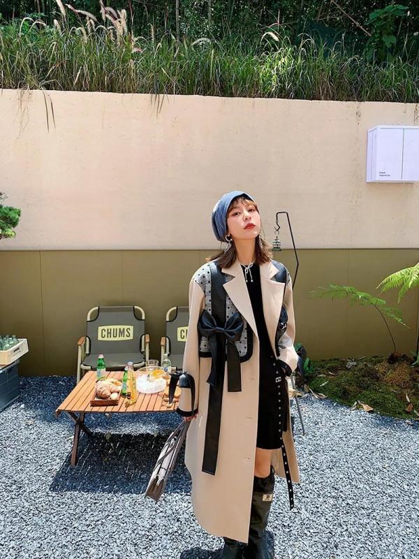 歐版寬鬆秋新款英倫風卡其色風衣 蝴蝶結假兩件拼接長款外套