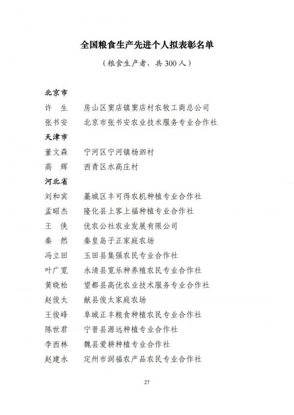 公示丨全國糧食生產先進集體和先進個人擬表彰物件 公示丨全國糧食生產先進集體和先進個人擬表彰物件