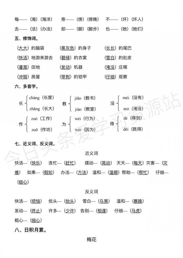 二年級語文上冊全冊重要知識點，期末總複習資料