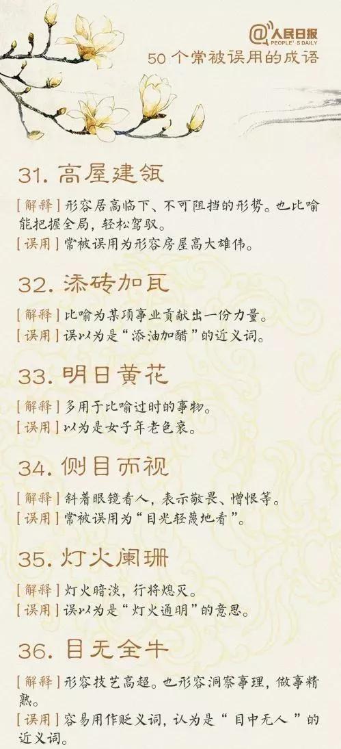 人民日報整理的50個常被誤用的成語（家有學生建議給孩子收藏）