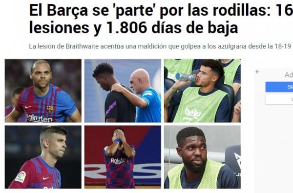 18-19賽季以來巴薩已有16人次膝蓋受傷，累計傷缺時間1806天