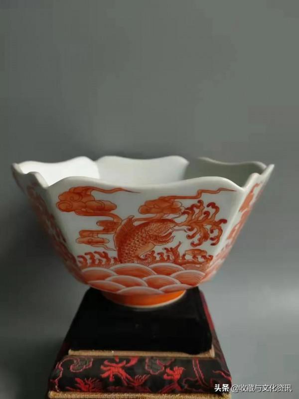 清晚期礬紅白描金六角鯉魚躍龍門瓷器鑑賞