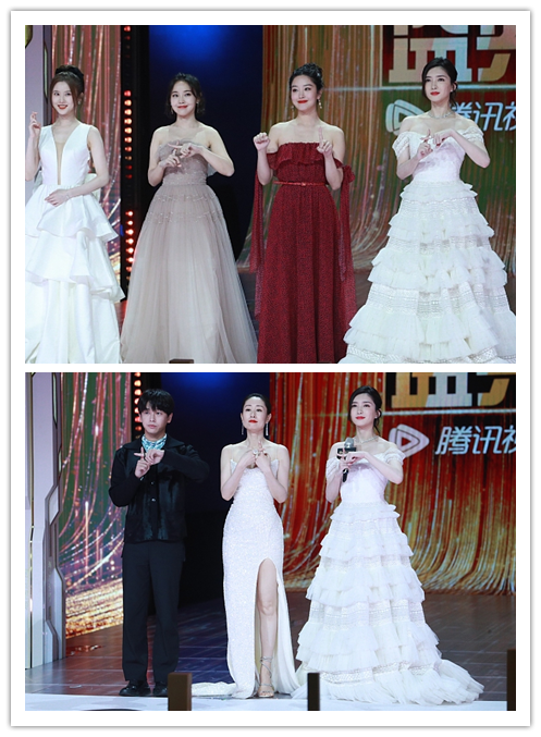 江疏影和楊採鈺同穿一字肩的服裝，看不出年紀差，美的迷人