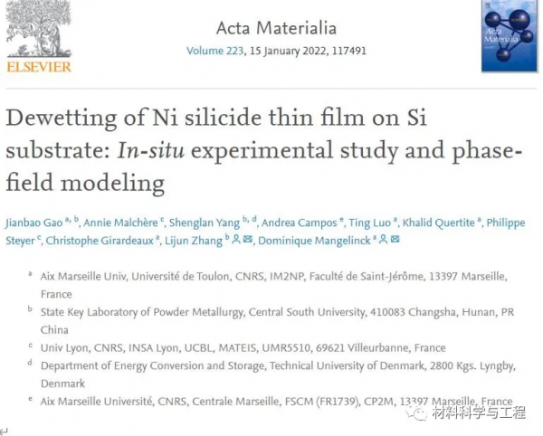 《Acta Mater》原位表徵結合三維相場模擬揭示多晶薄膜反潤溼機理