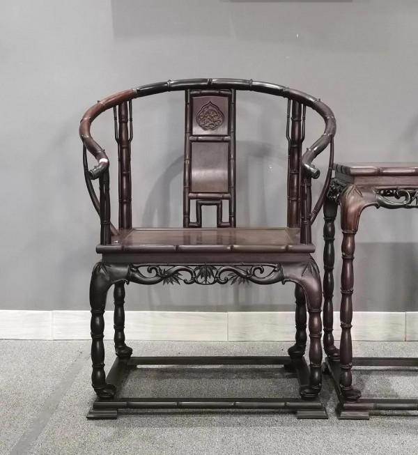 精品大紅酸枝老貨竹節圈椅三件套