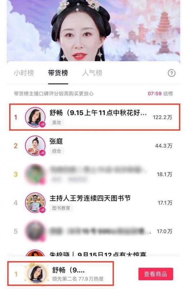 舒暢直播帶貨，打敗張庭成平臺帶貨第一名