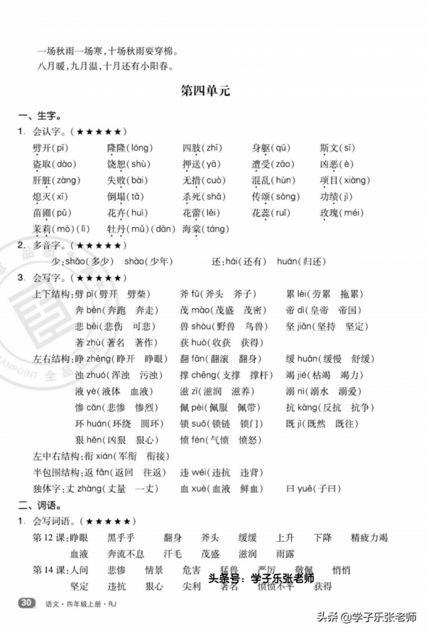 四年級上冊語文全冊「單元知識點小結」(核心素養版) 四年級上冊語文全冊「單元知識點小結」(核心素養版)