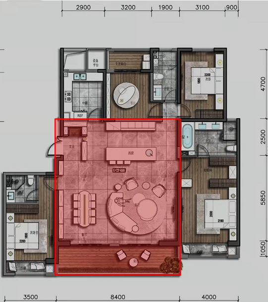 戶型鑑賞：230㎡，大客廳房型，客廳餐廳陽臺就有100㎡