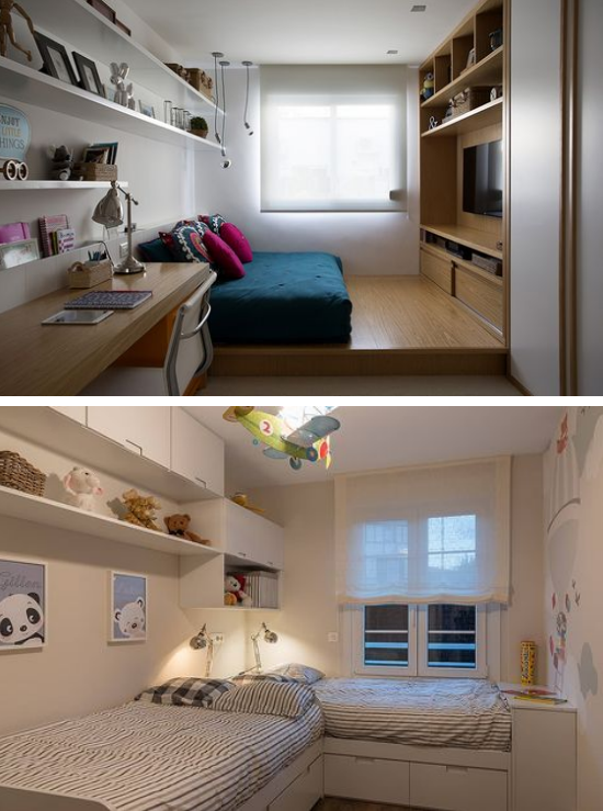 臥室定製“一體式”床鋪，與床頭櫃、電視牆結合，功能多於需求