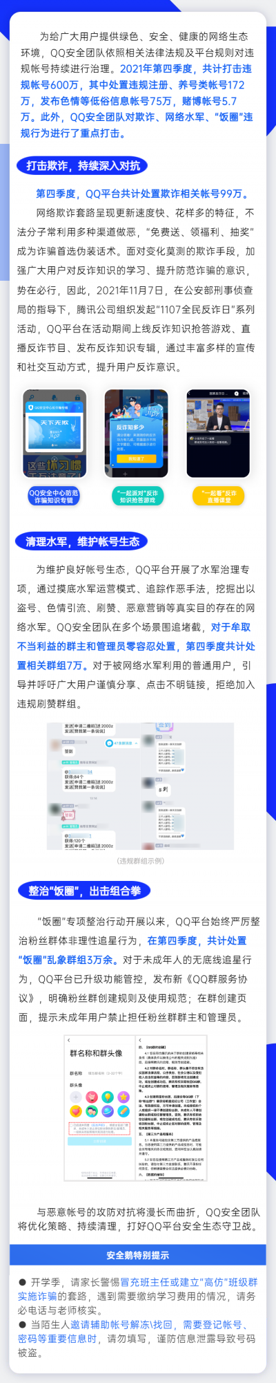 騰訊QQ 2021年Q4打擊違規賬號600萬，處置&OpenCurlyDoubleQuote;飯圈&rdquo;亂象群組超3萬