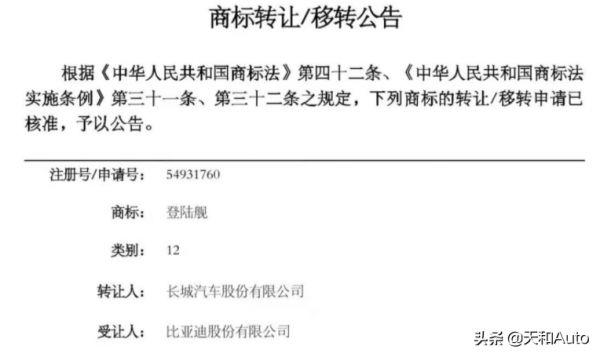 投之以桃、報之以李｜長城汽車將註冊商標&OpenCurlyDoubleQuote;登陸艦&rdquo;轉讓給比亞迪