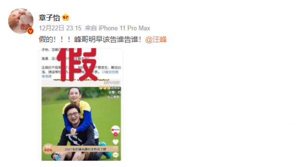 章子怡回應離婚傳言為假，喊話汪峰：假的！峰哥明早該告誰告誰