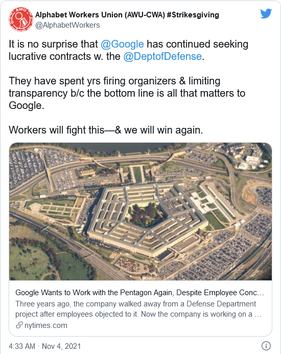 Google希望承攬五角大樓的雲計算工程 再次受到Alphabet工會的阻攔 Google希望承攬五角大樓的雲計算工程 再次受到Alphabet工會的阻攔