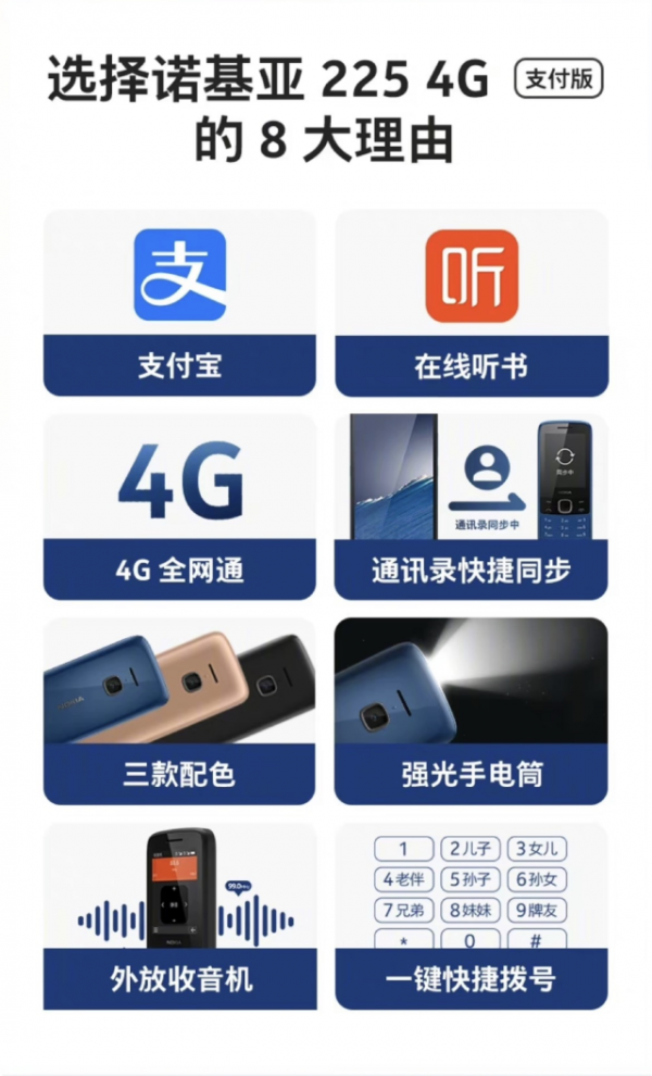 老年人神器諾基亞225 4G支付版釋出，最低304元