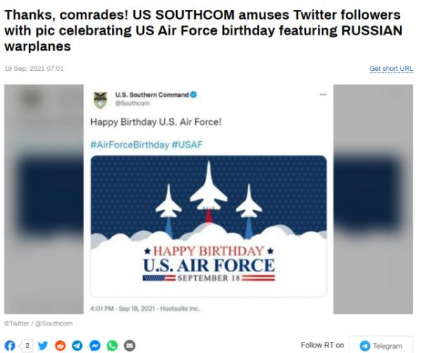 美國南方司令部用俄戰機慶祝美空軍生日，俄媒笑翻：謝謝同志們