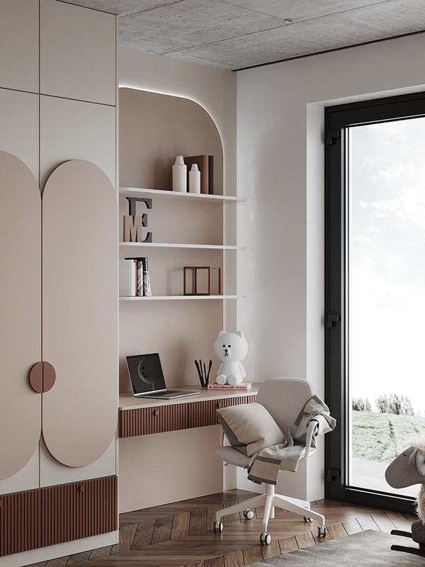 不能怪錢花了沒效果，衣櫃留空當書桌，方正邊角走弧形，新穎實用