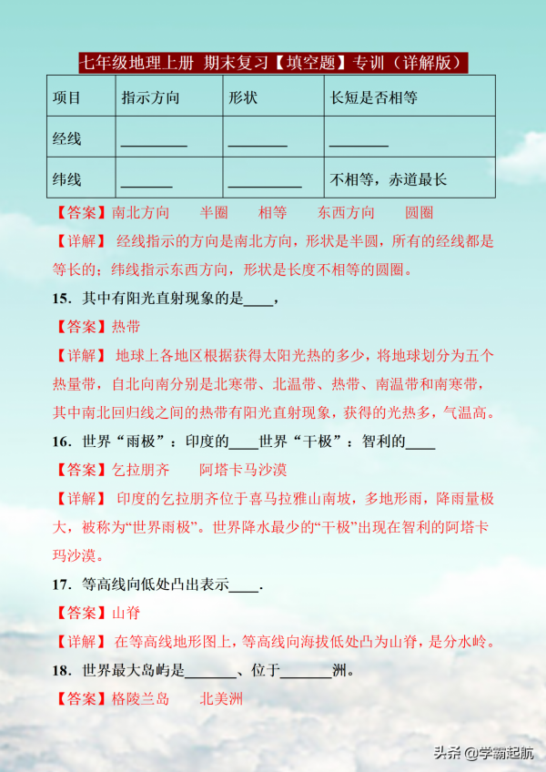 七年級地理上冊,期末複習,考點「填空題」梳理,及時查漏補缺 七年級地理上冊,期末複習,考點「填空題」梳理,及時查漏補缺
