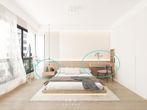 捨棄傳統床頭櫃，床頭左右一高一低，懸空櫃代替是“實用加分項”