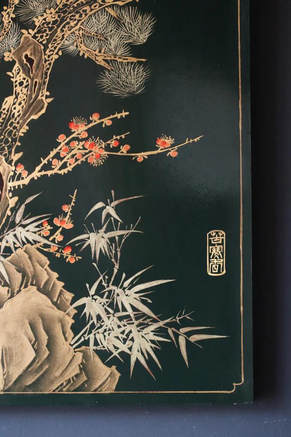 老楠木手工描金掛屏-「歲寒三友」