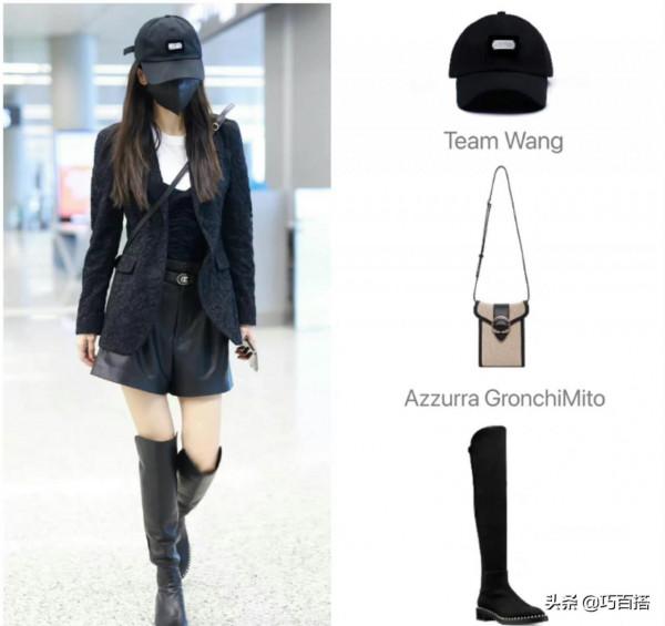 楊穎又來機場走秀了，黑色西裝很有氣場，搭配騎士靴更加有範