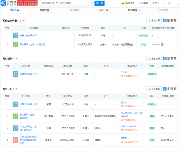 王力宏李靚蕾關聯兩家港臺公司