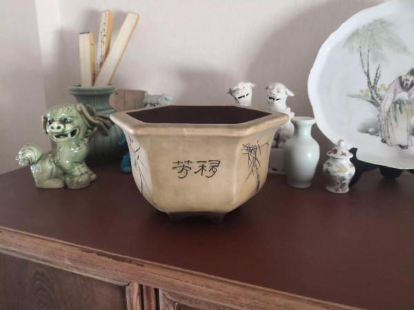 紫砂花盆賞析之六十一，七十年代粉漿點彩六角盆