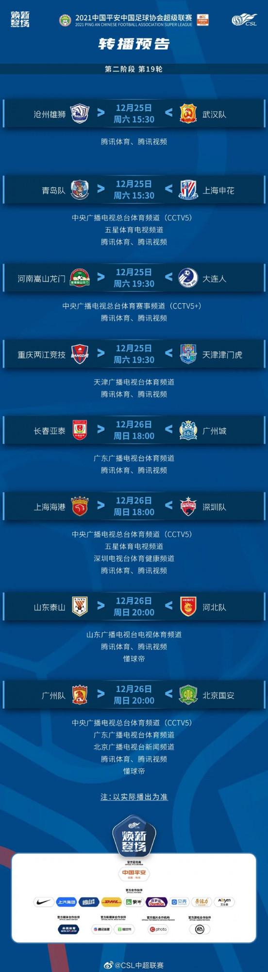 2021中超聯賽第二階段第19輪比賽轉播預告