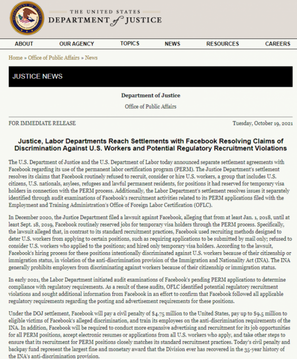 在被指控歧視美國工人後 Facebook與美司法部達成和解 在被指控歧視美國工人後 Facebook與美司法部達成和解