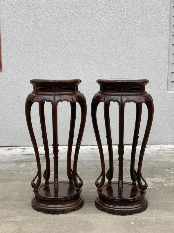 大紅酸枝 真鑲景泰藍五足圓花架 尺寸：40&sol;40&sol;100