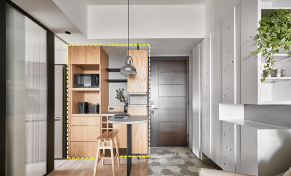 進門延伸張弧形書桌，玄關儲存、用餐區一次性搞定，實用無敵