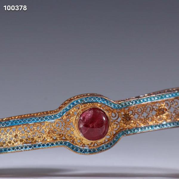 迴流 純銀花絲燒藍嵌碧璽如意擺件