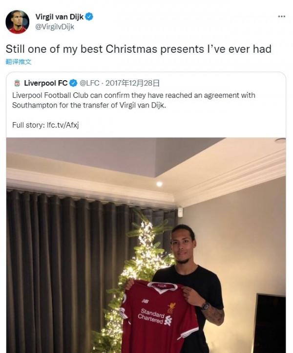 範迪克轉發加盟紅軍推文：仍是我收到的最棒聖誕禮物之一