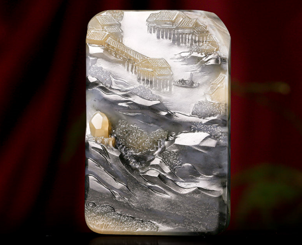 青花籽料玉牌，江南山水