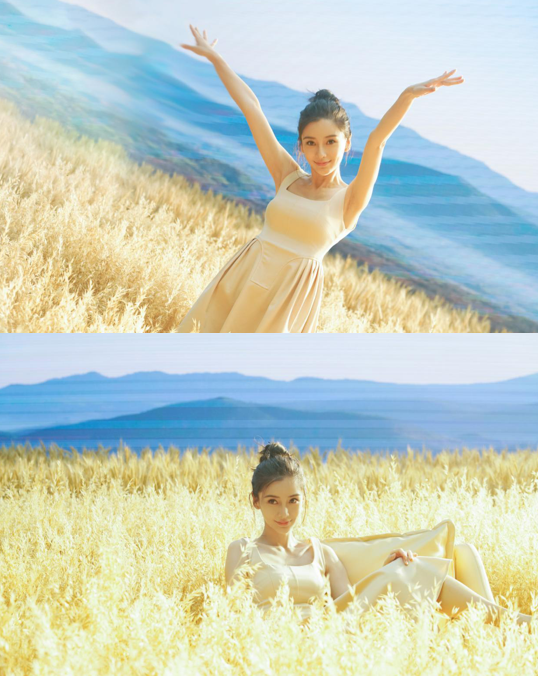 楊穎置身麥田清新養眼，穿素色長裙氛圍感超絕，哪像當媽的人