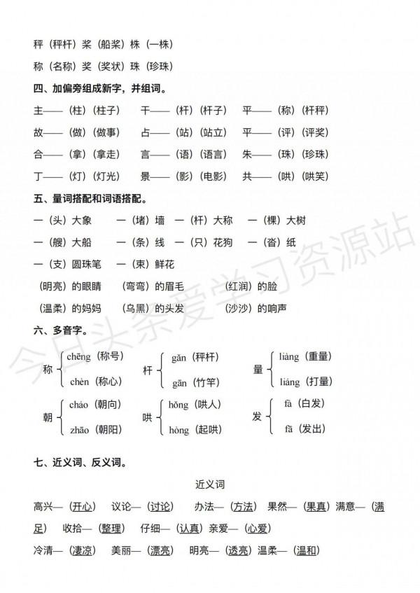 二年級語文上冊全冊重要知識點，期末總複習資料