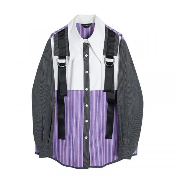 歐版時尚街頭工裝風襯衫假兩件揹帶