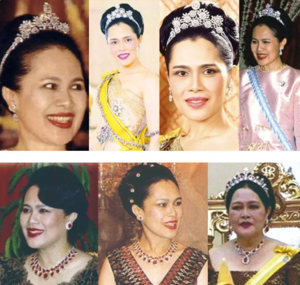 婆媳三人佩戴紅色珠寶，詩妮娜戴耳墜精緻，詩麗吉戴全套雍容華貴