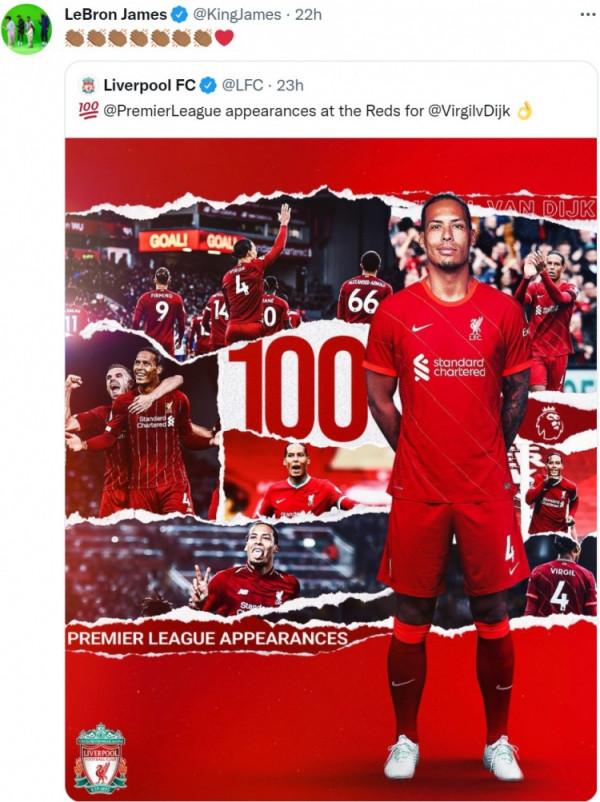 薩拉赫和範迪克達成紅軍英超100場和150場里程碑，詹姆斯發推祝賀