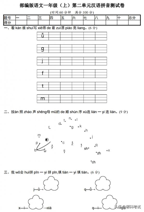一年級語文第二單元測試卷（漢語拼音）適合單元複習、家長輔導