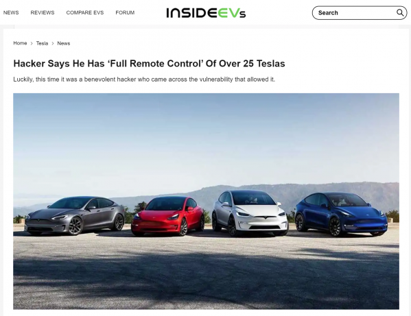 特斯拉車主賬戶存漏洞！一駭客稱已控制超25輛特斯拉