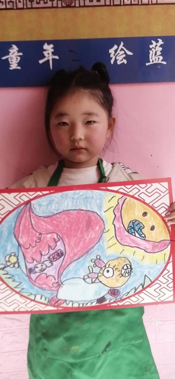 兒童畫，中秋節繪畫作品，彩鉛，卡紙畫。讓孩子自己去畫，孩子內