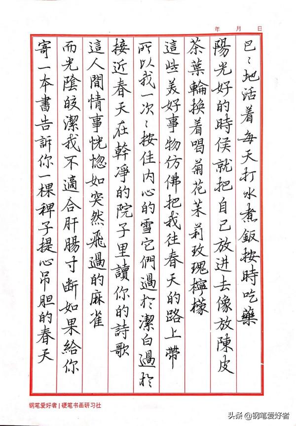 Evan Li點評餘秀華詩詞《我愛你》鋼筆字練字打卡作業欣賞