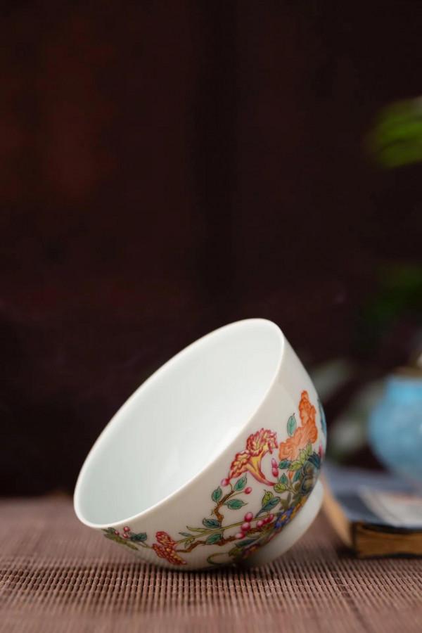 精工手繪粉彩雞冠花詩文主人杯 景德鎮陶瓷瓷器茶具茶杯